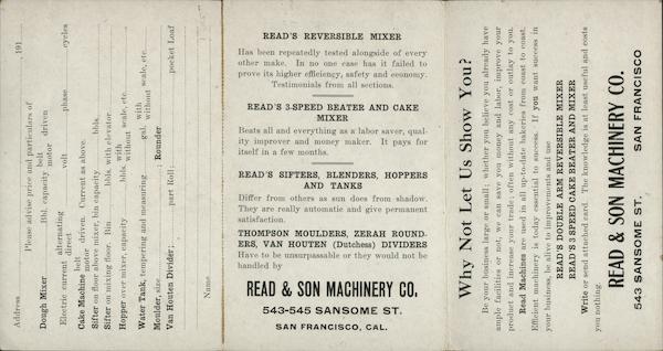 Read & Son Machinery Co. Bakery Engineers San Francisco California