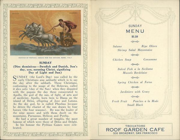 Sunday Menu for Trovatore Roof Garden Cafe San Francisco California