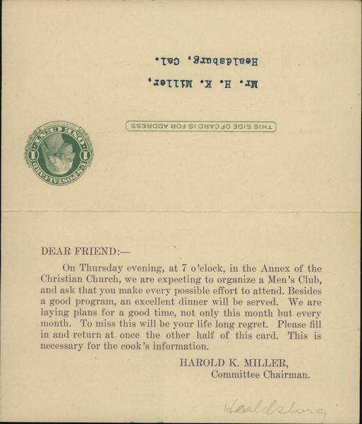 Invitation to the Christian Church Men's Club Healdsburg California