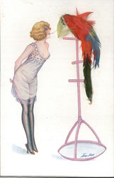 Woman & Parrot, Real Feathers Postcard