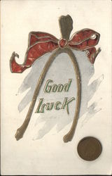 Good Luck - Wishbone, Attached 1907 Indian Head Penny Postcard