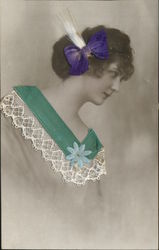 Woman with Attached Bow, Dress Fabric Silk & Fabric Applique Postcard Postcard Postcard