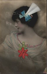 Antique Photograph Color Woman in Lovely Gown With Bows Postcard