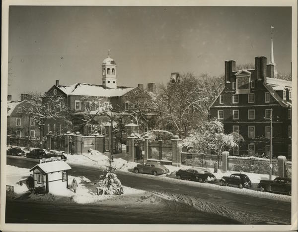 Harvard University News Office, snowy street scene Cambridge Massachusetts