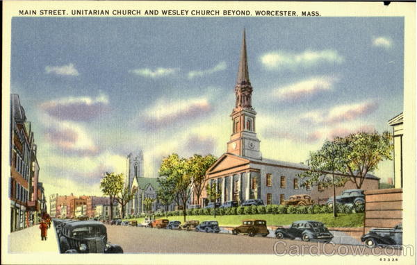 Main Street. Unitarian Church And Wesley Church Beyond Worcester Massachusetts