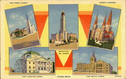 First Presb Church/ Catholic Church/First Christian Church/ Boston Ave. Me. Church/ First Bapist Church Tulsa, OK Postcard Postcard
