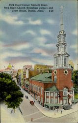 Park Street Corner Tremont Street, Park Street Church (Brimstone Corner), and State House Postcard