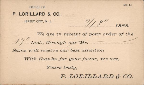 Receipt of Order, P. Lorillard & Company Jersey City New Jersey