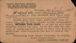 Harris Brothers Company, World's Bargain Center - Notice of Shipment Postcard