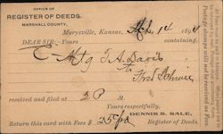 Register of Deeds Marshall County Reciept Marysville, KS Postal Cards & Correspondence Postcard Postcard Postcard