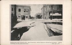 Eighteenth and Valencia Sts. - where fissures opened up in the street. 3 story building on left sunk one story. Postcard