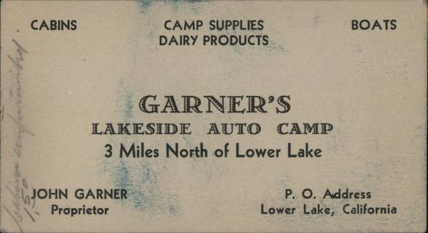Garner's Lakeside Auto Camp Lower Lake California