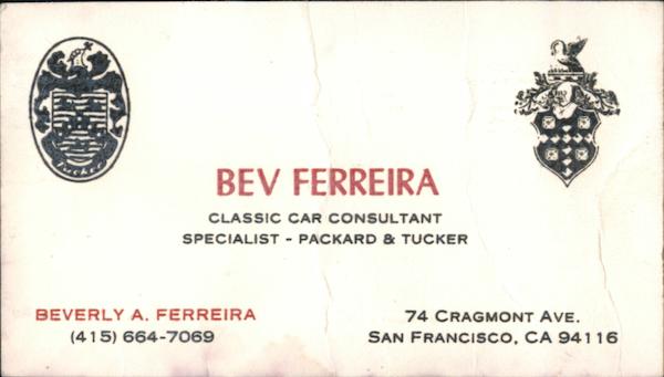 Bev Ferreira, Classic Car Consultant San Francisco California