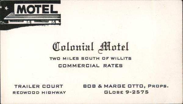 Business card for Colonial Motel Willits California