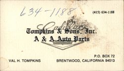 Tompkins & Sons, Inc. A & A Auto Parts Business Card