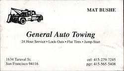 General Auto Towing Mat Bushe 1634 Taraval St. Business Card