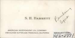 S. H. Barrett American Independent Oil Company Business Card