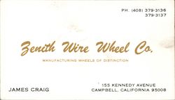 Zenith Wire Wheel Co. Manufacturing Wheels of Distinction Business Card