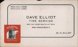 Dave Elliot Tire Service 200 Van Ness South at 13th Business Card
