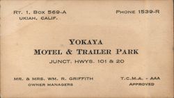 Yokaya Motel & Trailer Park Ukiah, CA Business Card Business Card Business Card