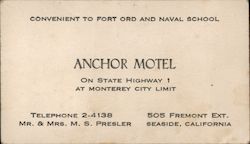 Anchor Motel on State Highway 1 Seaside, CA Business Card Business Card Business Card