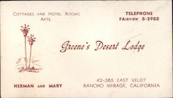 Greene's Desert Lodge Rancho Mirage, CA Business Card Business Card Business Card