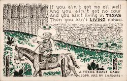 Texas Boast Card, Cowboy on Horse with cactus, cows, oil wells and barbed wire fence Postcard