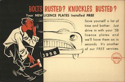 1958 Advertisment for Shell's free service of putting on new licence plates for vechiles Postcard
