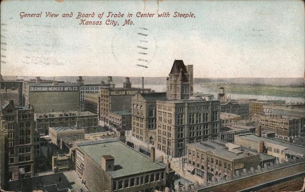 General View and Board of Trade in Center with Steeple Kansas City Missouri