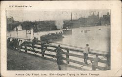 Kansas City Flood, June, 1908. Engine Trying To Work Through Postcard