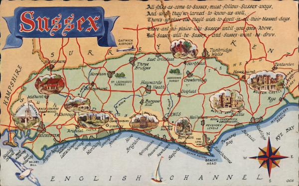Castles & Manors Sightseeing Map of Sussex County England