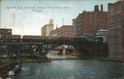 Elevated Rail Road Jackknife Bridge over Chicago River Postcard