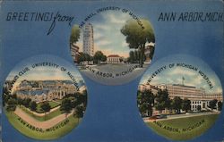 Greetings from University of Michigan Lawyer's Club, The Mall, U of I Hospital Postcard