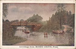 Greetings - Wooden Bridge, Rowboats, People Wading Postcard
