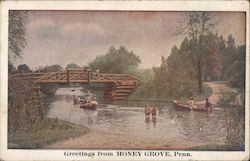 Greetings - Wooden Bridge, Rowboats, People Wading Honey Grove, PA Postcard Postcard Postcard