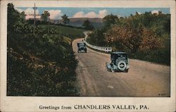 Greetings - Two Cars on a Dirt Road in the Country Postcard