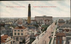 Old Section of Atlantic City, Lighthouse and Ocean in Distance Postcard
