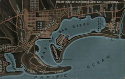 Relief Map of San Diego and Bay, California Postcard