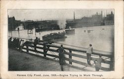 Kansas City Flood, June 1908 - Engine trying to Work Through Postcard