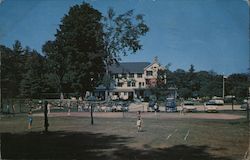 Woodbound Inn Main House, Tennis Court and Children's Badminton Postcard