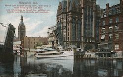 Grand Ave. Bascule Bridge Open with View of Pabst Building and City Hall Postcard