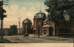 Railroad Station and Library Malone, NY Postcard Postcard Postcard