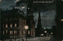 City Hall & First Baptist Church at Night Postcard