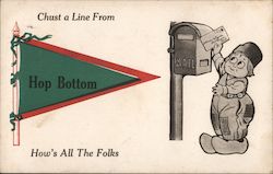 Drawing of Dutch child mailing a letter - "Chust a Line From Hop Bottom" with pennant Postcard