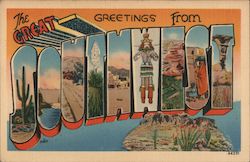 Greetings from The Great Southwest - Kachina, Cactus, Pueblo, Rocks Postcard