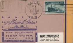 1952 Maiden Voyage SS United States Postal History Boats, Ships Postcard Postcard Postcard