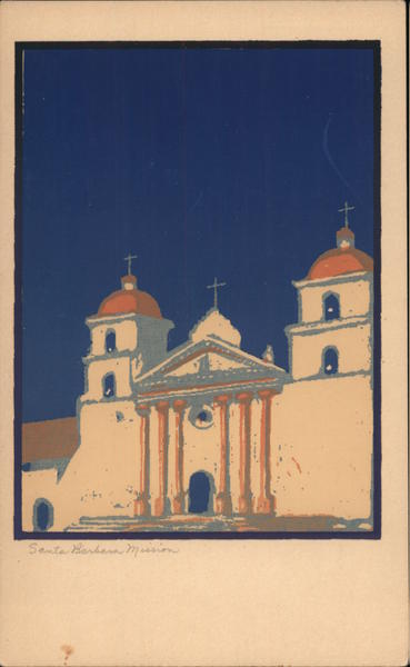 Serigraph View of Santa Barbara, California - illustration of a Mission