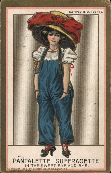 Pantalette Suffragette in the sweet bye and bye - woman with oversize hat wearing overalls