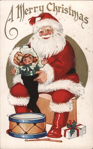 A Merry Christmas, Santa Puts a Doll in a Stocking, Drum at Feet