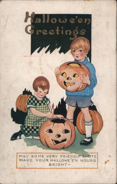 Halloween Greetings - Boy and Girl with Carved Pumpkins